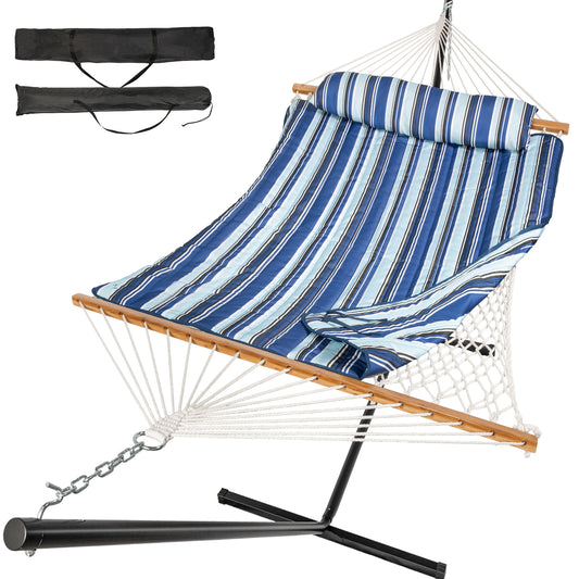 Heavy Duty Double Hammock with Stand - 500LBS Capacity,Cotton Rope Hammock with Polyester Pad, Portable & Adjustable Steel Stand for Patio, Garden, Beach, Backyard, Includes Carrying Bag, Easy to Assemble