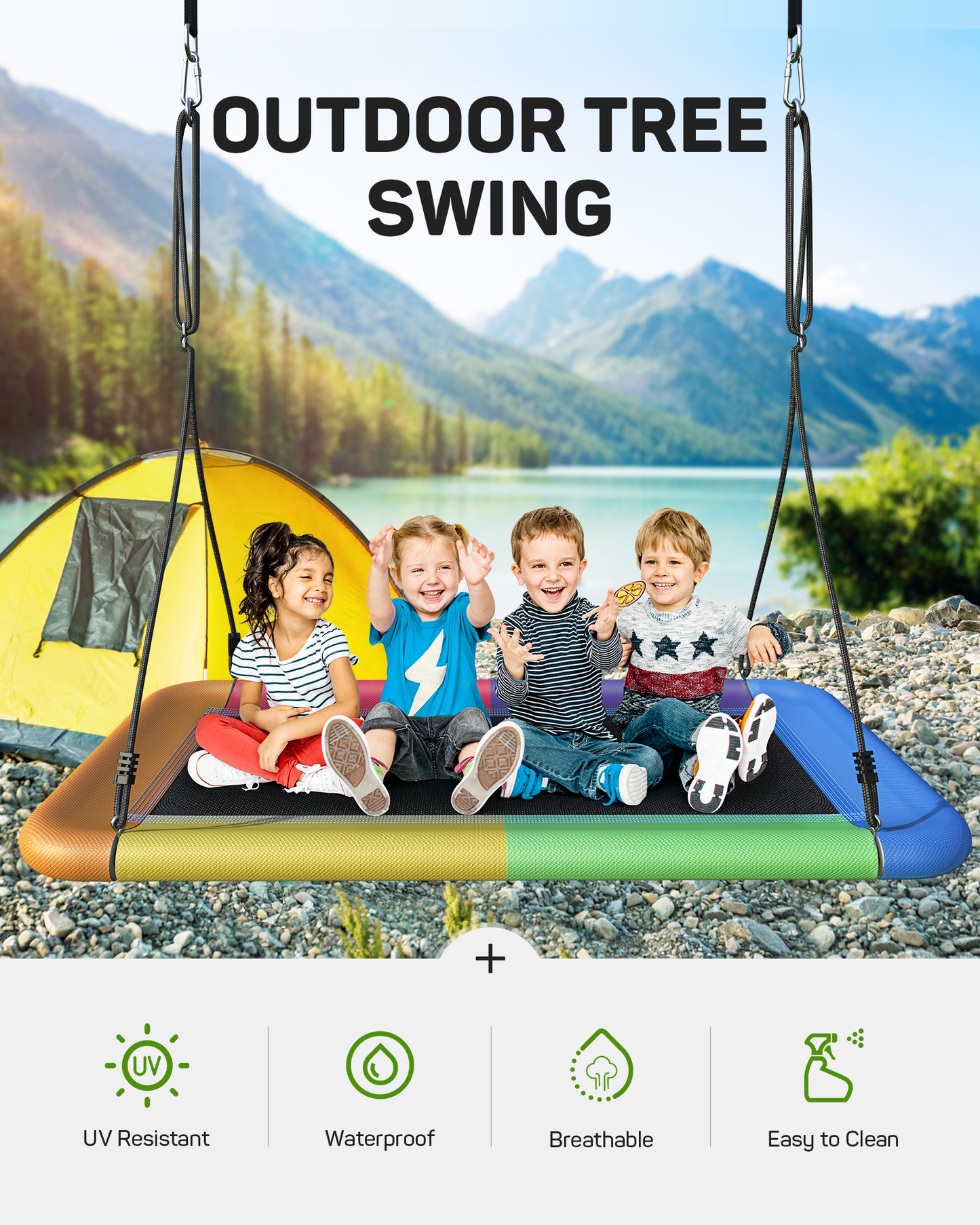 60" Tree Swing, 700lbs Capacity Rectangle Platform Swing, Waterproof & Durable, Adjustable Swing Suitable for Kids & Adults-Rainbow