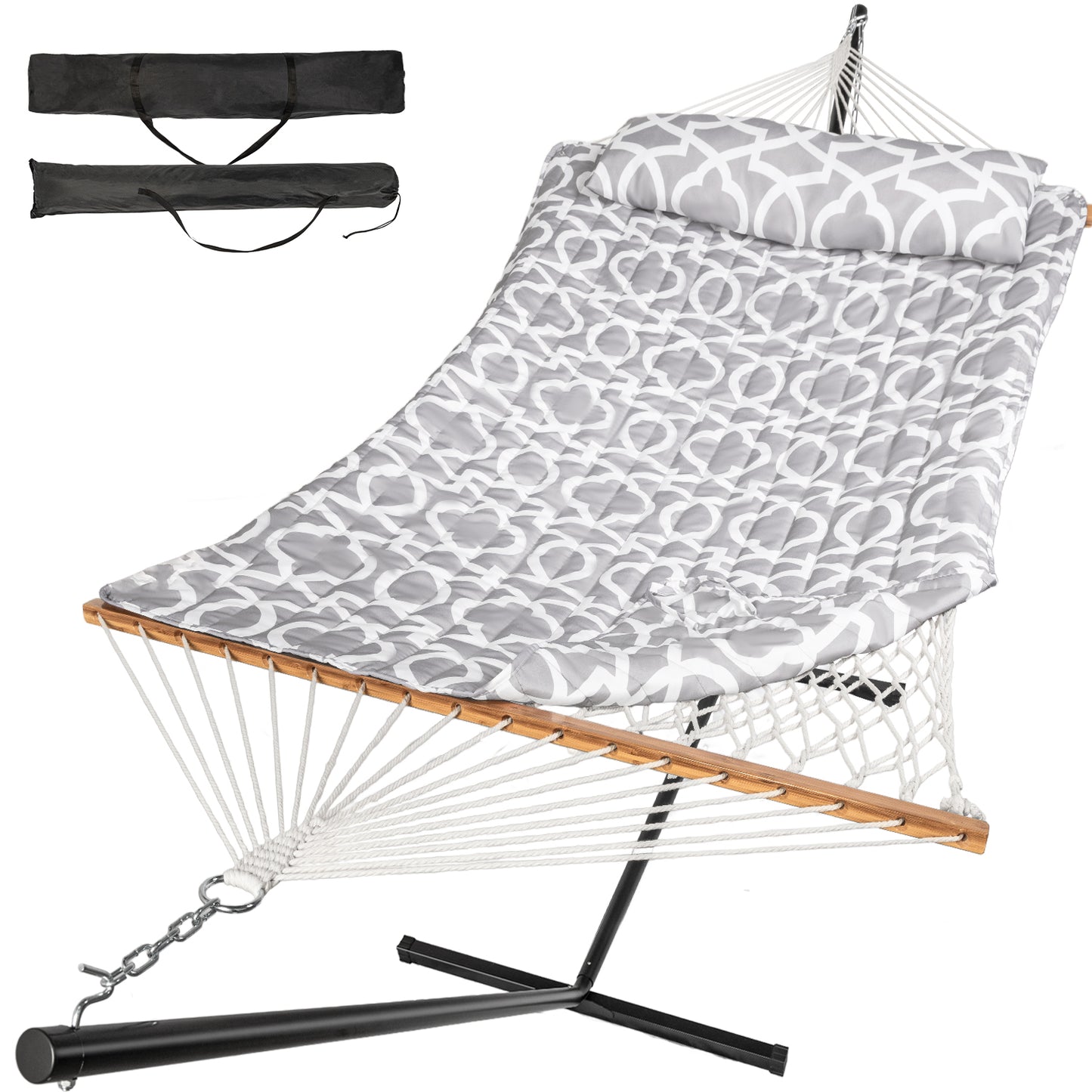 Heavy Duty Double Hammock with Stand - 500LBS Capacity,Cotton Rope Hammock with Polyester Pad, Portable & Adjustable Steel Stand for Patio, Garden, Beach, Backyard, Includes Carrying Bag, Easy to Assemble