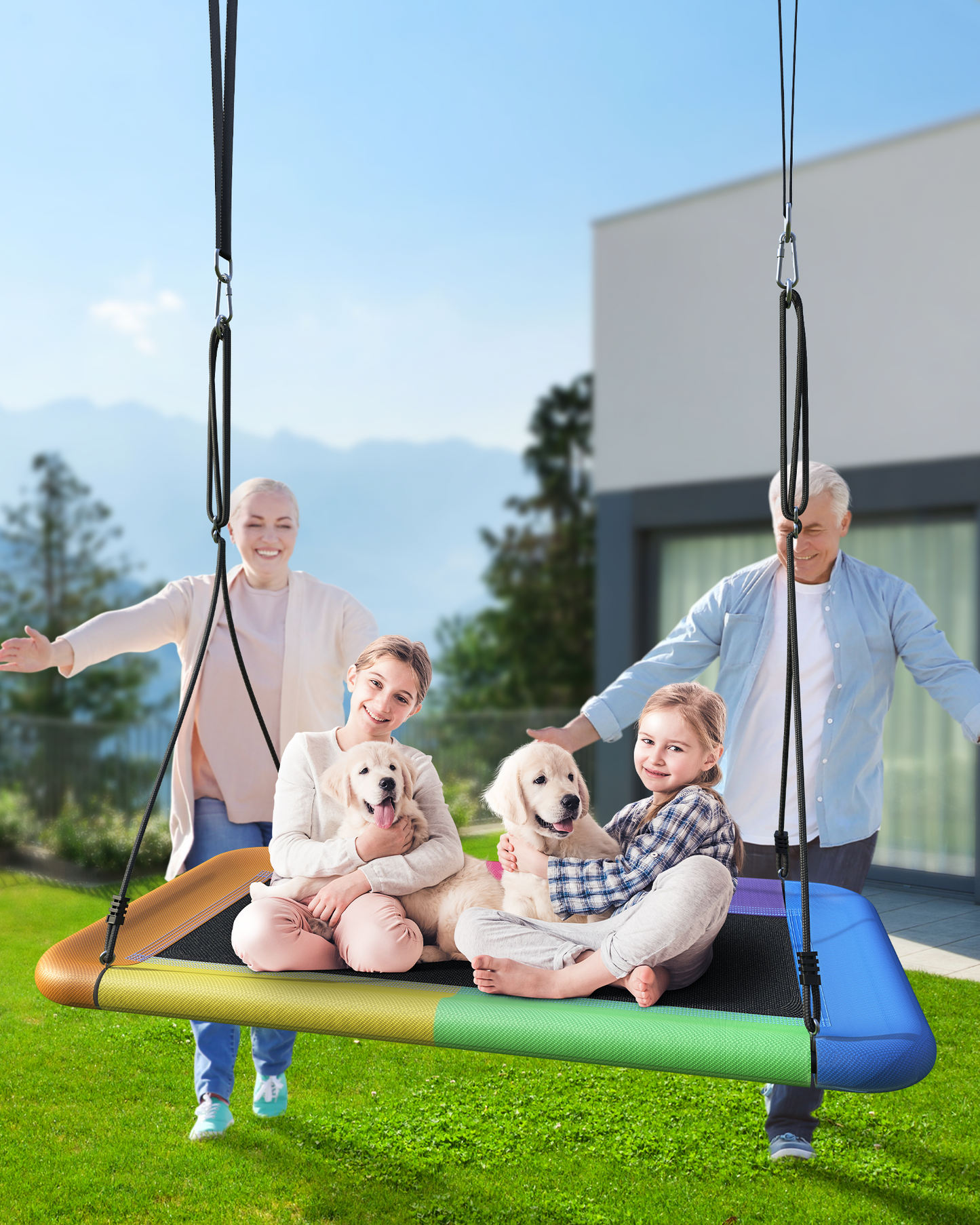 60" Tree Swing, 700lbs Capacity Rectangle Platform Swing, Waterproof & Durable, Adjustable Swing Suitable for Kids & Adults-Rainbow