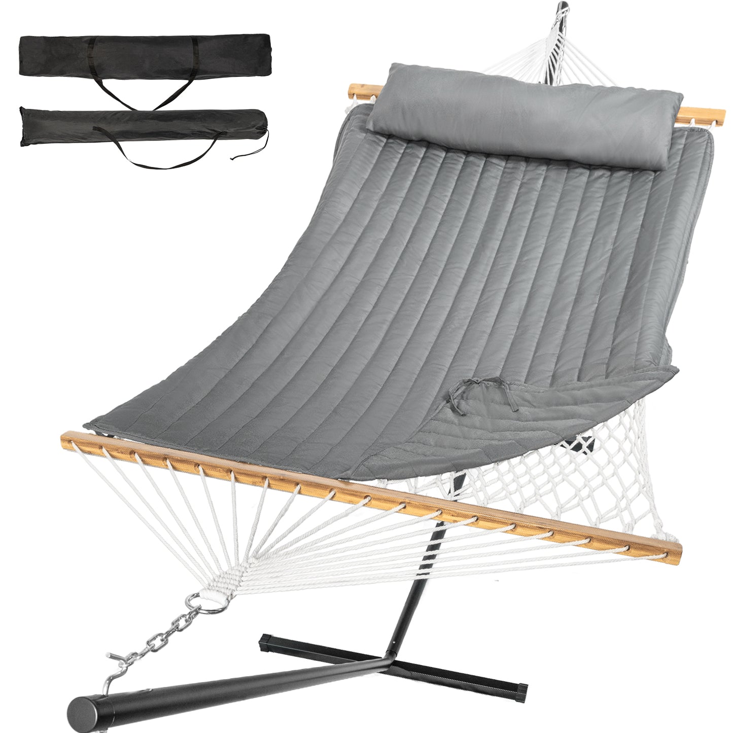 Heavy Duty Double Hammock with Stand - 500LBS Capacity,Cotton Rope Hammock with Polyester Pad, Portable & Adjustable Steel Stand for Patio, Garden, Beach, Backyard, Includes Carrying Bag, Easy to Assemble