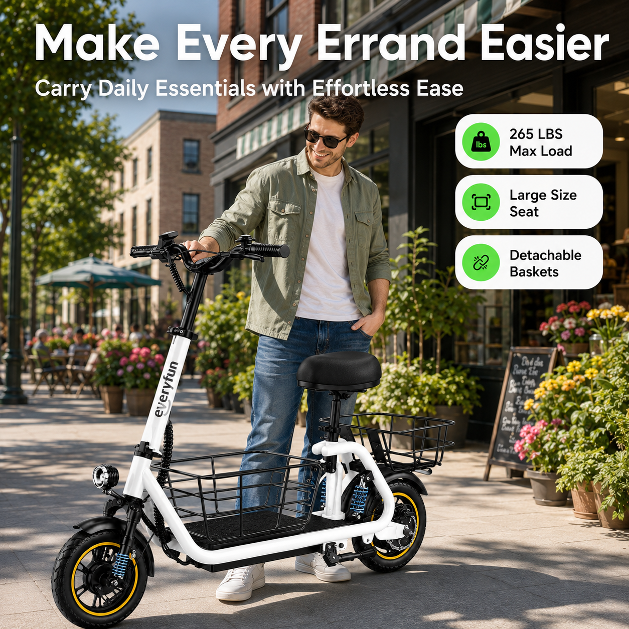 EVERYFUN Mobility Scooters, 500W Electric Scooter with Seat, 12 Inch Tires, 25-Mile Range, Front and Rear Baskets, Suspension and LED Headlight, White