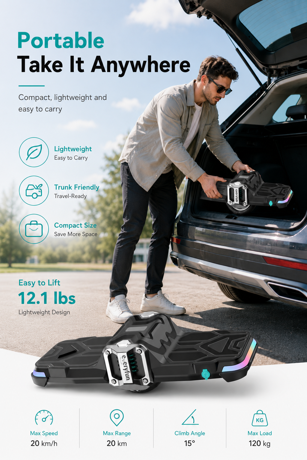EVERYFUN Self-Balancing One-Wheeled Electric Scooters, Portable Electric Self-Balancing Board with RGB LED Lights, 20 km/h Max Speed, 20 km Range, 15° Climb Angle and 120 kg Max Load, Black