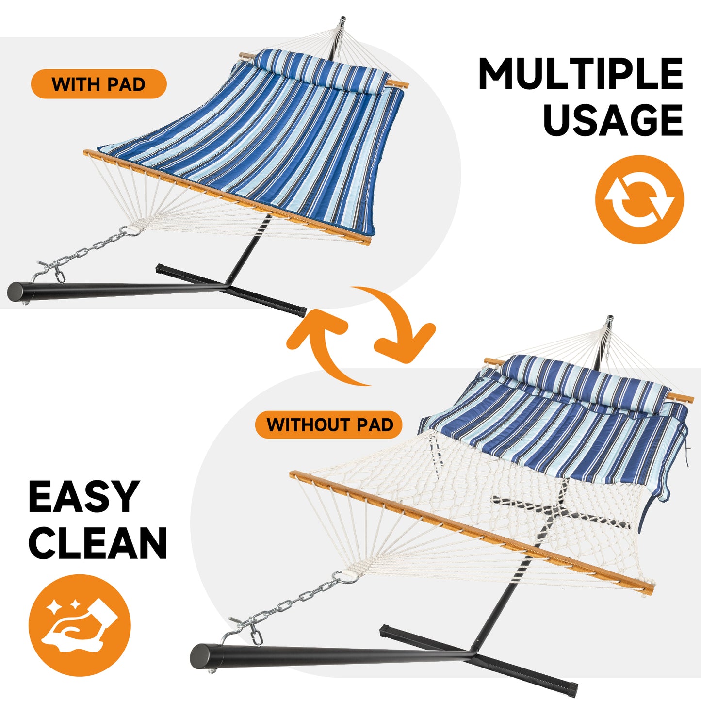 Heavy Duty Double Hammock with Stand - 500LBS Capacity,Cotton Rope Hammock with Polyester Pad, Portable & Adjustable Steel Stand for Patio, Garden, Beach, Backyard, Includes Carrying Bag, Easy to Assemble