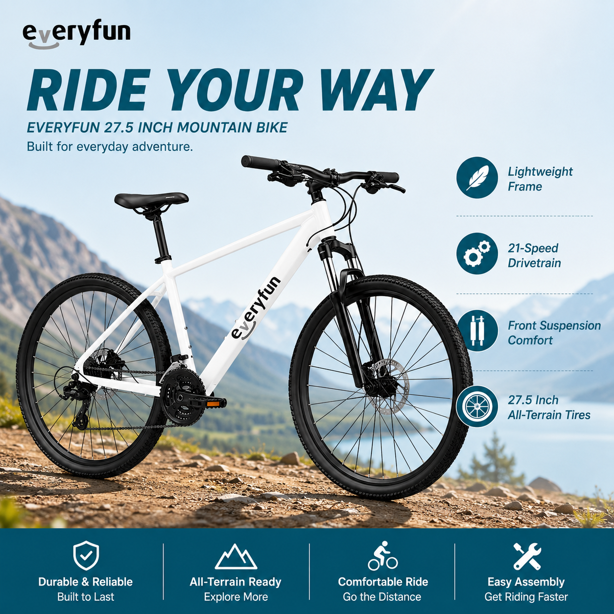 EVERYFUN Bicycles, 27.5 Inch Mountain Bike with 21-Speed Drivetrain, Front Suspension and Disc Brakes, All-Terrain Adult Bicycle for Men and Women, White
