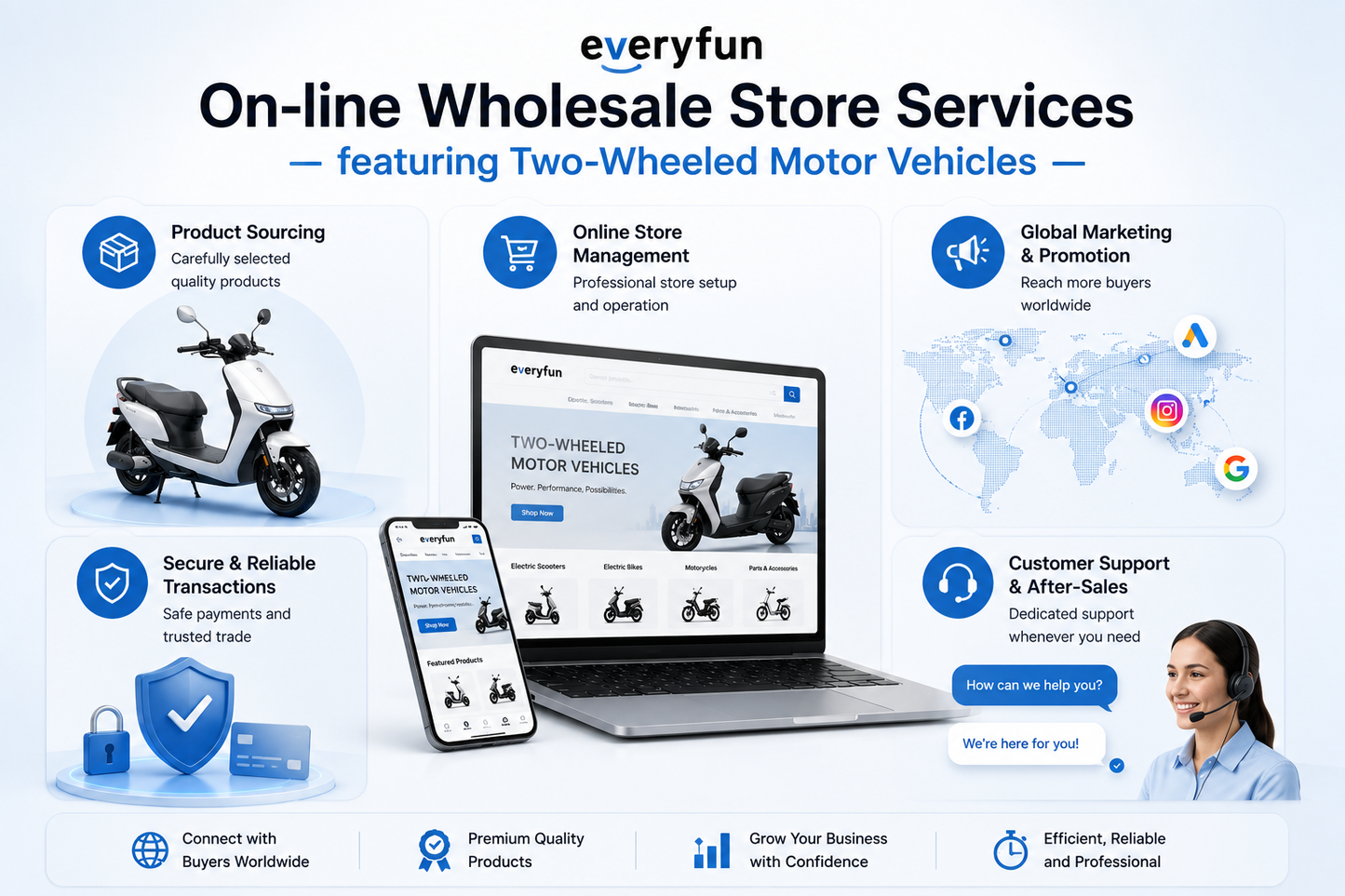 EVERYFUN On-line Wholesale Store Services Featuring Two-Wheeled Motor Vehicles – Bulk Sourcing, Dealer Pricing, Secure Ordering, Global Promotion & Customer Support Solutions