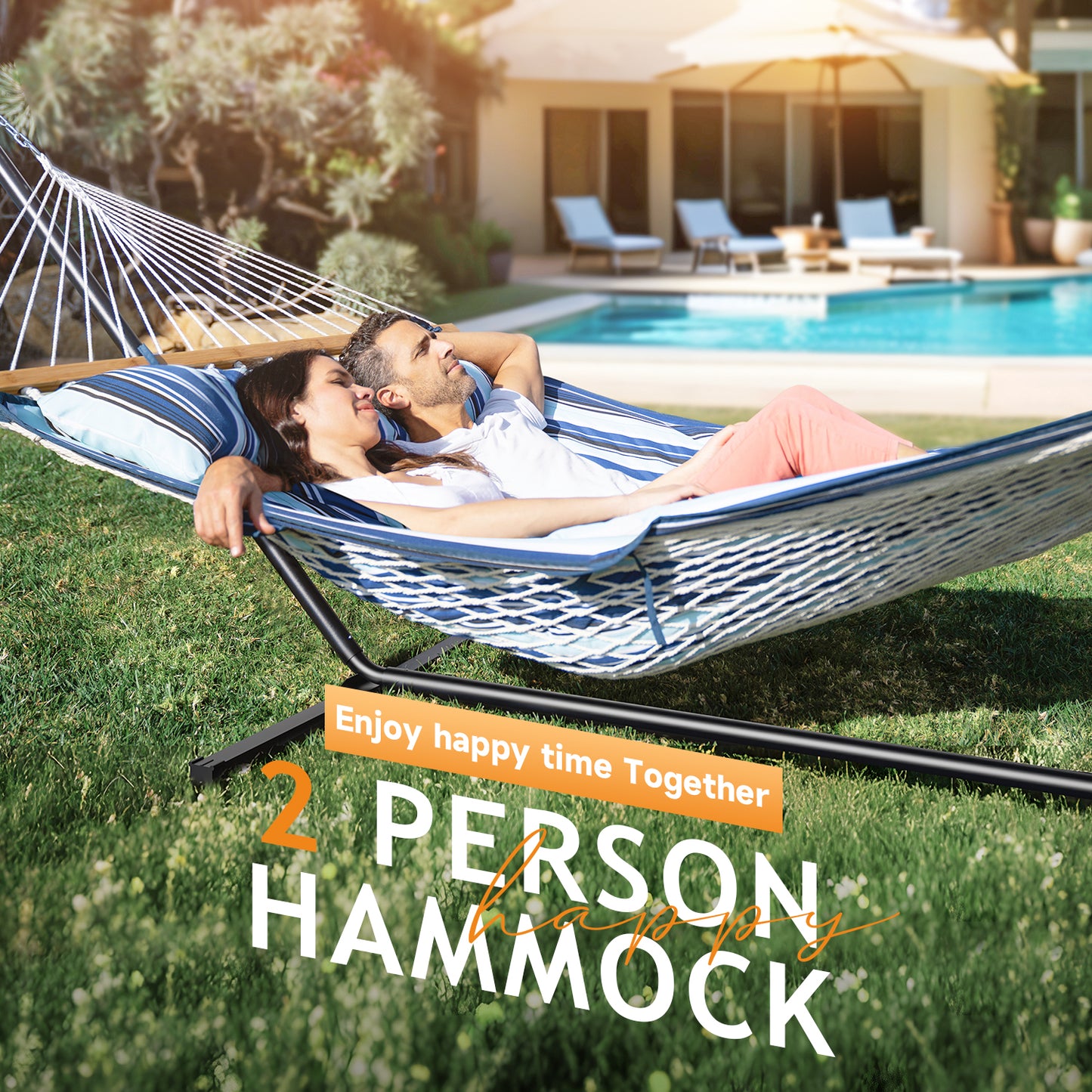 Heavy Duty Double Hammock with Stand - 500LBS Capacity,Cotton Rope Hammock with Polyester Pad, Portable & Adjustable Steel Stand for Patio, Garden, Beach, Backyard, Includes Carrying Bag, Easy to Assemble