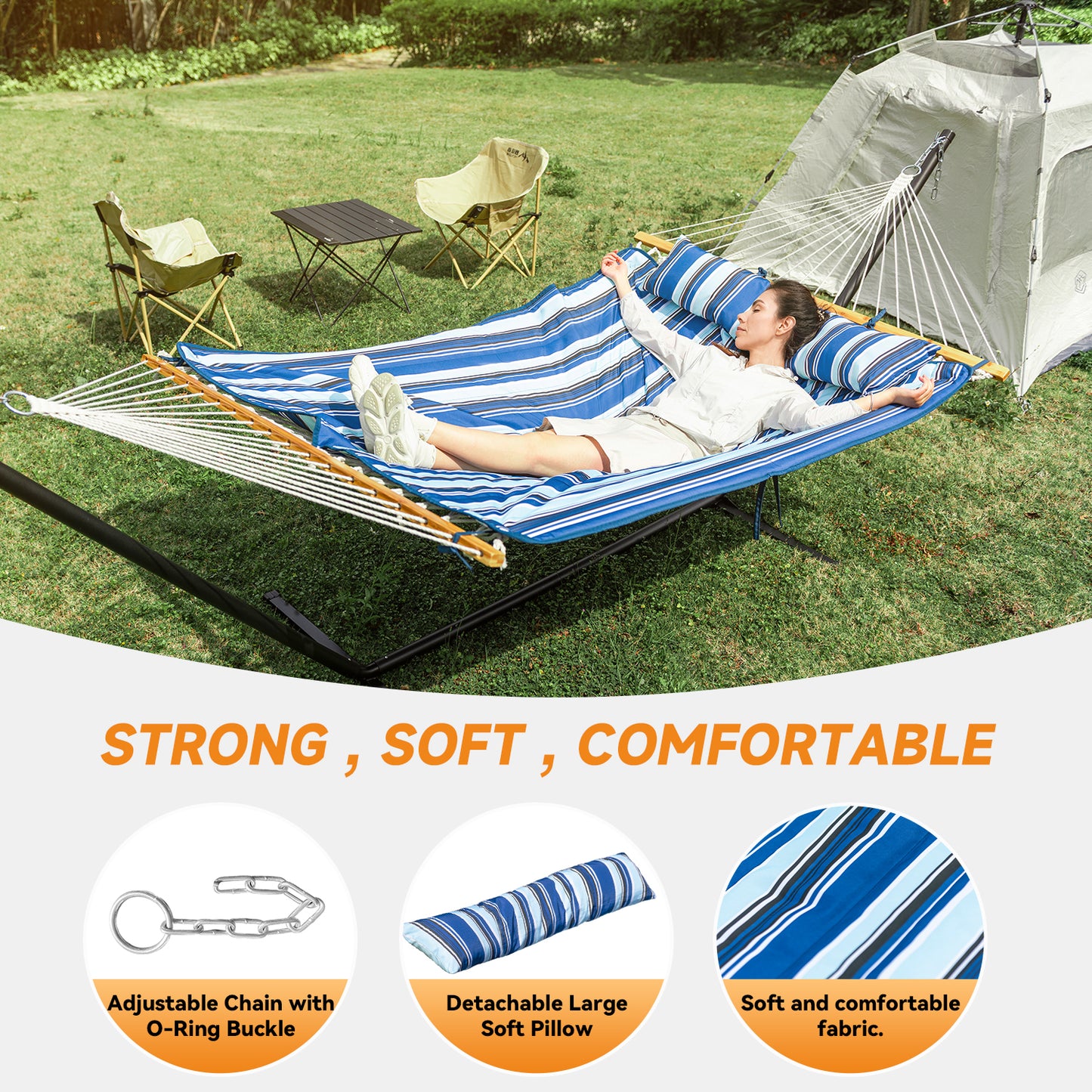 Heavy Duty Double Hammock with Stand - 500LBS Capacity,Cotton Rope Hammock with Polyester Pad, Portable & Adjustable Steel Stand for Patio, Garden, Beach, Backyard, Includes Carrying Bag, Easy to Assemble