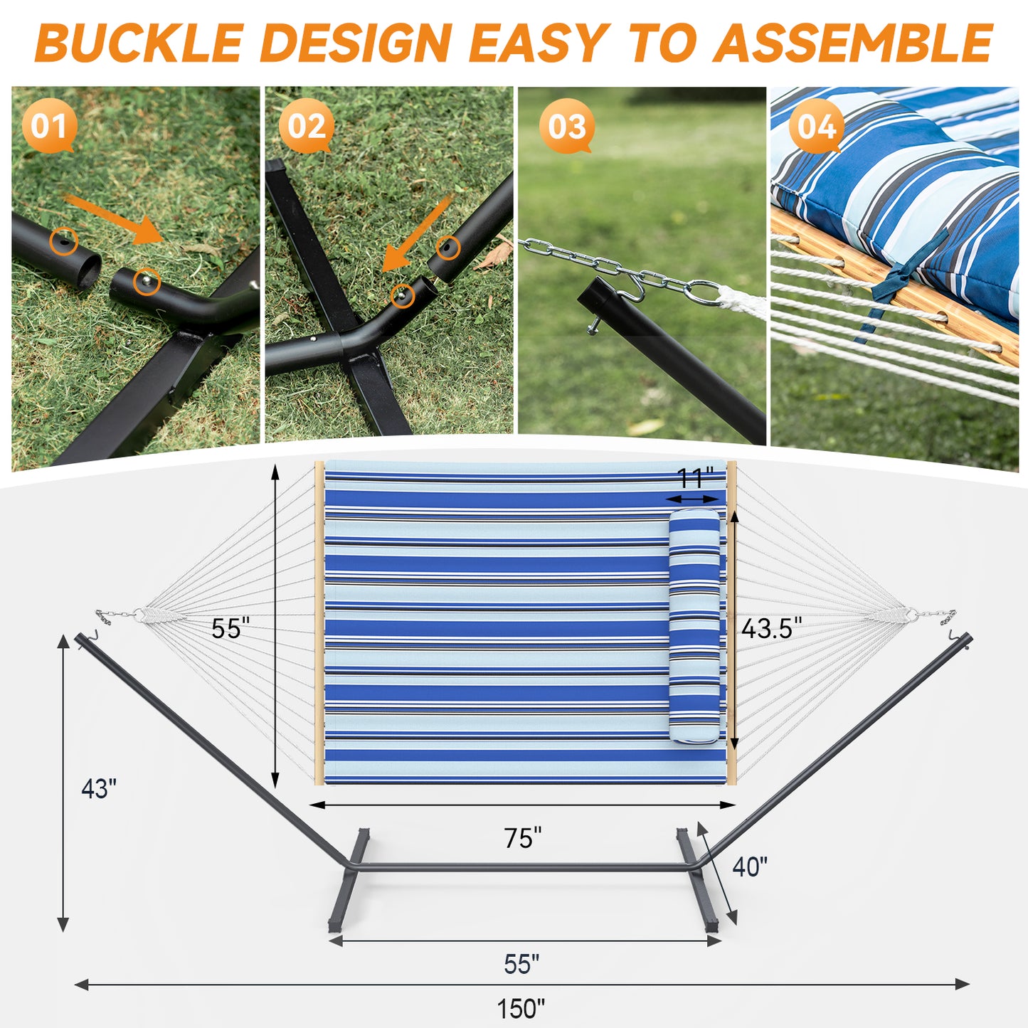 Heavy Duty Double Hammock with Stand - 500LBS Capacity,Cotton Rope Hammock with Polyester Pad, Portable & Adjustable Steel Stand for Patio, Garden, Beach, Backyard, Includes Carrying Bag, Easy to Assemble