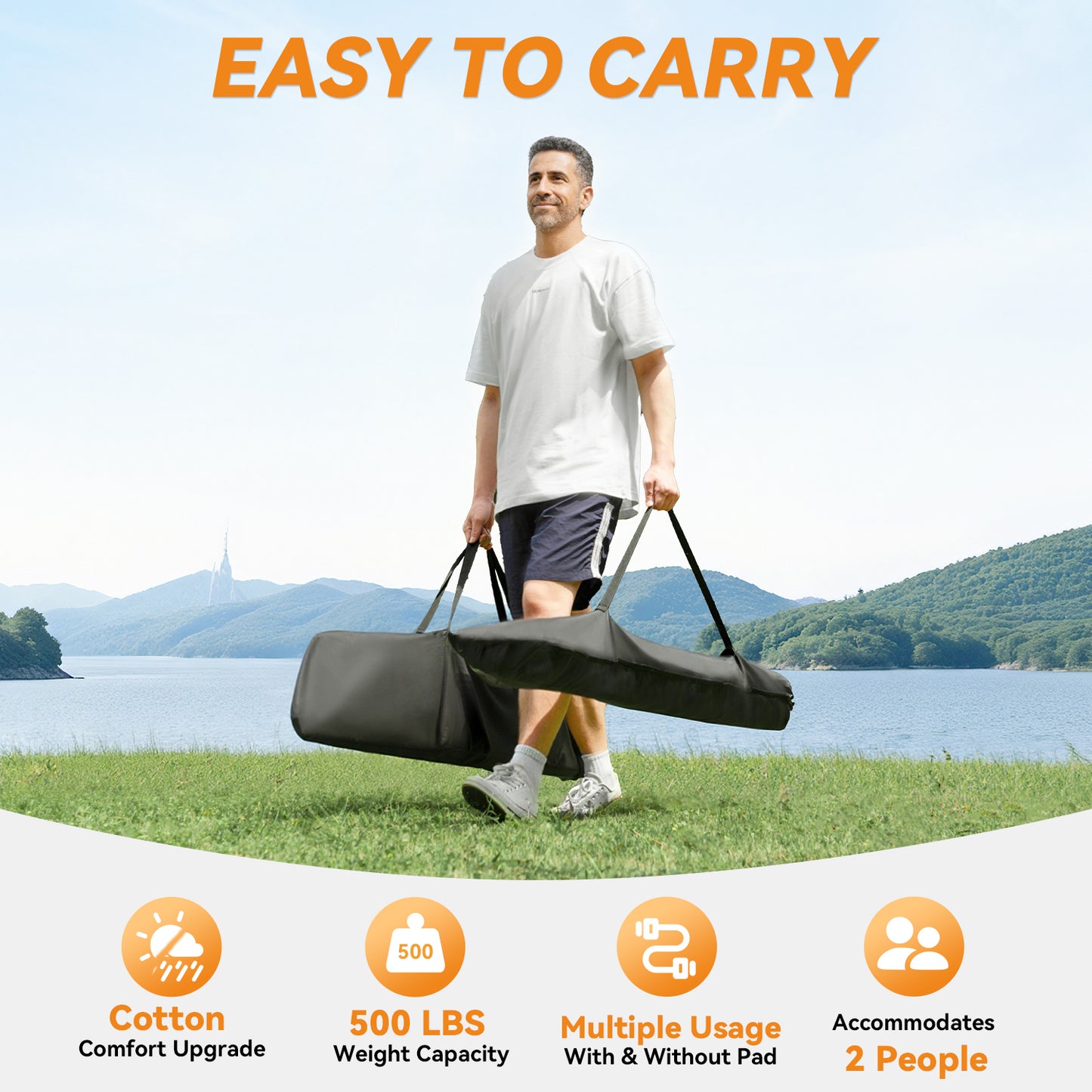 Heavy Duty Double Hammock with Stand - 500LBS Capacity,Cotton Rope Hammock with Polyester Pad, Portable & Adjustable Steel Stand for Patio, Garden, Beach, Backyard, Includes Carrying Bag, Easy to Assemble