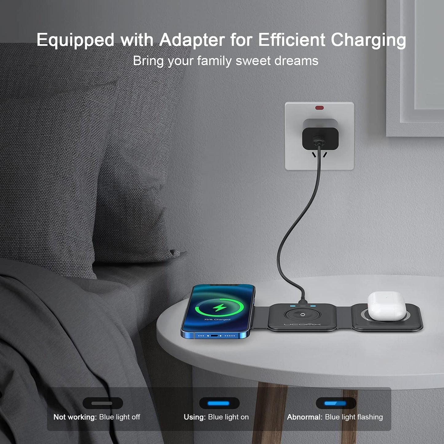 3 in 1 Wireless Charging Station for Multiple Device Apple, Magnetic Foldable Charging Station for iPhone 16/15/14/13 Series, AirPods 4/3/2/Pro, iWatch(Adapter Included)