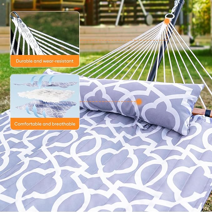Double Hammock with Spreader Bar,Soft Pillow,Max Load 500lbs,Portable Hammock for Outdoor,Camping,and Backyard