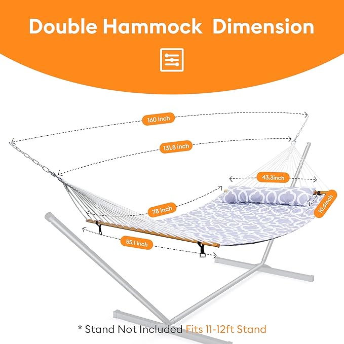 Double Hammock with Spreader Bar,Soft Pillow,Max Load 500lbs,Portable Hammock for Outdoor,Camping,and Backyard