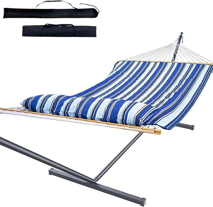 Heavy Duty Hammock with Stand, 500LBS Capacity,Removable Quilted Polyester Pad, Portable & Adjustable Design, Includes Storage Bag, Easy to Assemble & Clean, Indoor & Outdoor Use