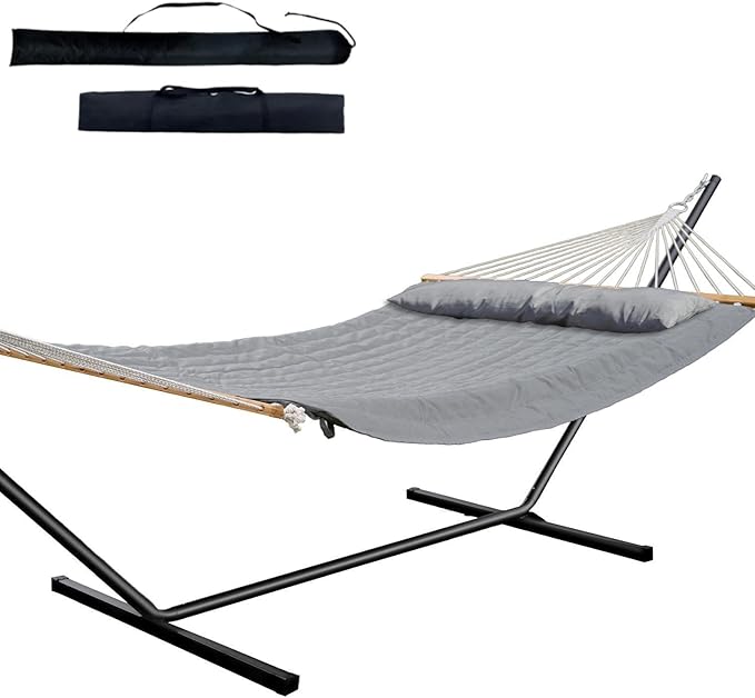 Heavy Duty Hammock with Stand, 500LBS Capacity,Removable Quilted Polyester Pad, Portable & Adjustable Design, Includes Storage Bag, Easy to Assemble & Clean, Indoor & Outdoor Use