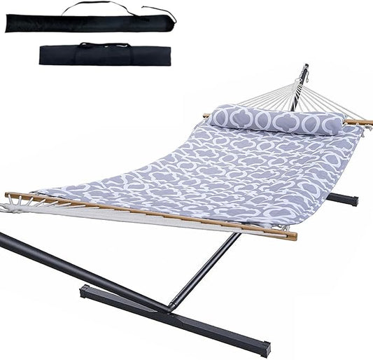 Heavy Duty Hammock with Stand, 500LBS Capacity,Removable Quilted Polyester Pad, Portable & Adjustable Design, Includes Storage Bag, Easy to Assemble & Clean, Indoor & Outdoor Use
