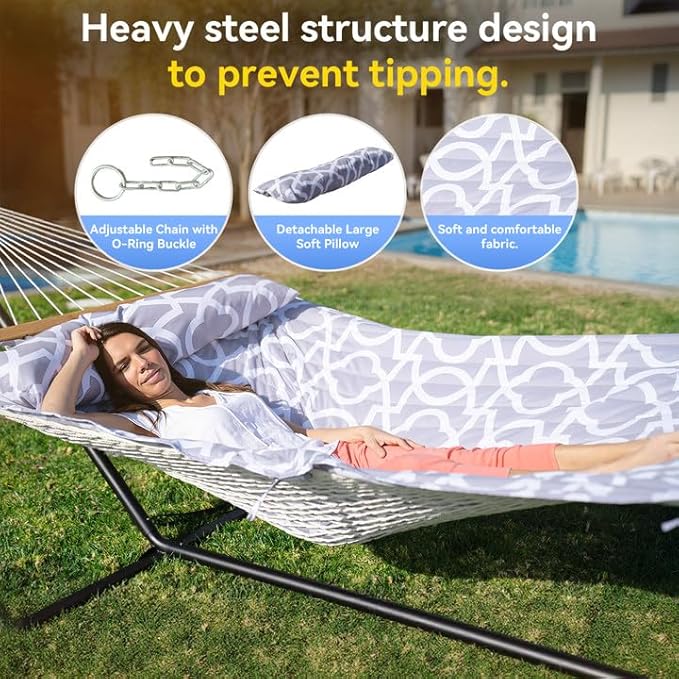 Heavy Duty Hammock with Stand, 500LBS Capacity,Removable Quilted Polyester Pad, Portable & Adjustable Design, Includes Storage Bag, Easy to Assemble & Clean, Indoor & Outdoor Use
