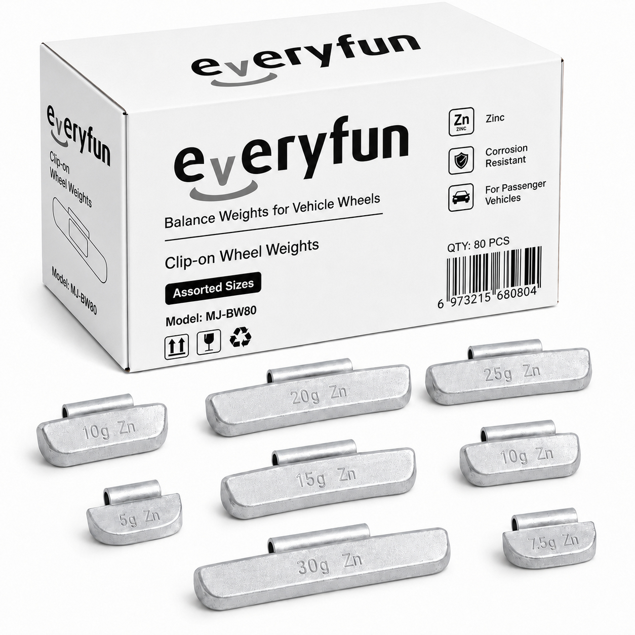 EVERYFUN Balance Weights for Vehicle Wheels, 80-Piece Zinc Clip-On Wheel Weight Assortment, Corrosion-Resistant Tire Balancing Weights for Passenger Cars, SUVs, Vans and Light Trucks