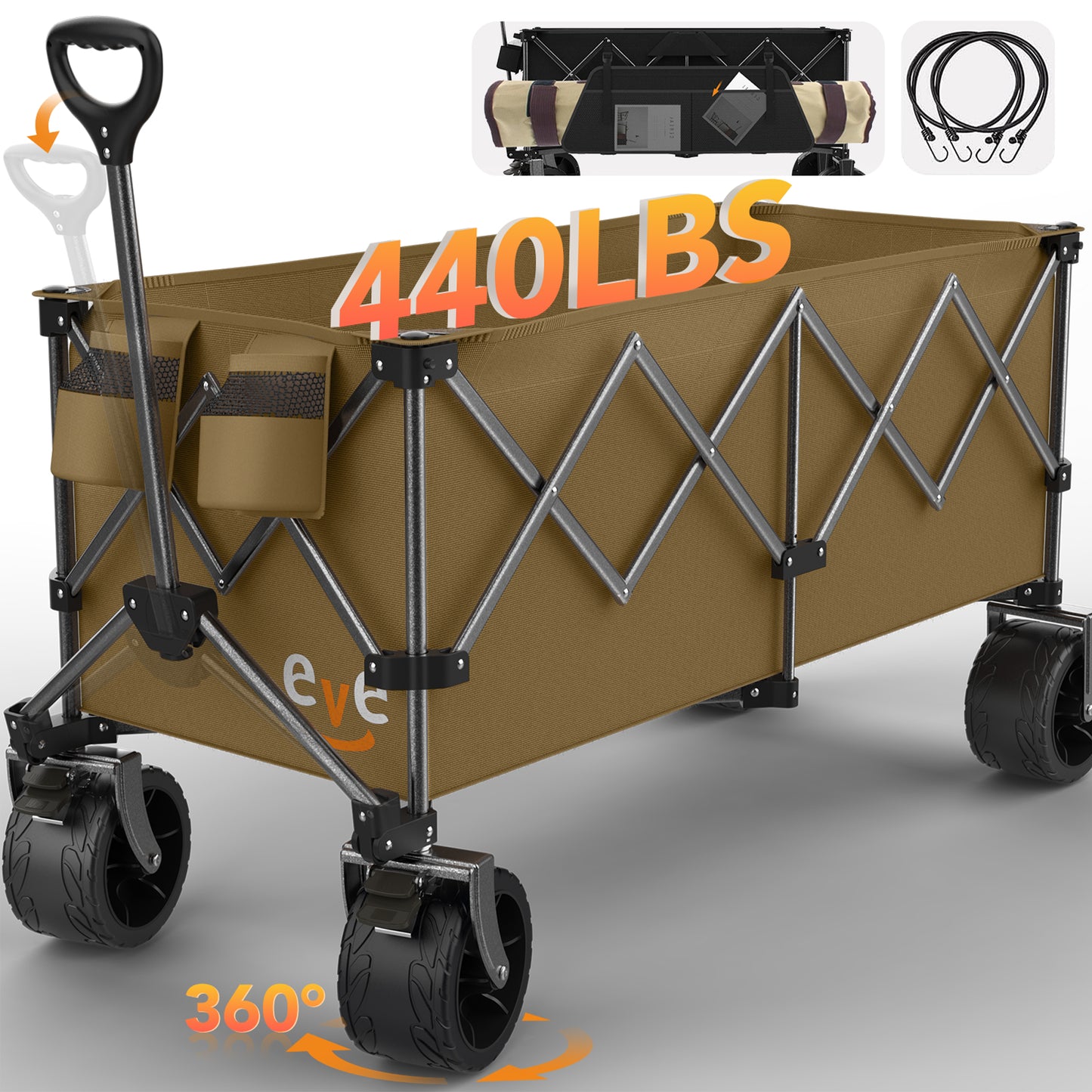 Everyfun Collapsible Foldable Wagon with 440lbs Weight Capacity, Heavy-Duty Folding Garden Cart with 360°All-Terrain Beach Wheels and Drink Holders