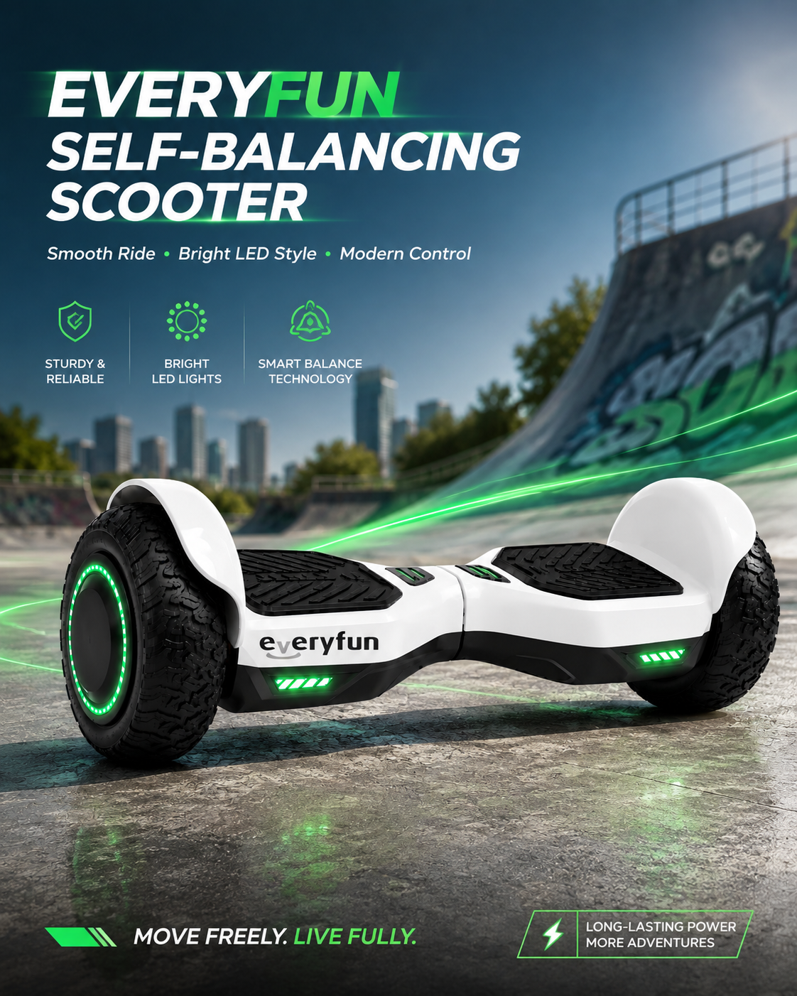 EVERYFUN Electric Vehicles, Namely, Electric Self-Balancing Scooters with 8.5 Inch All-Terrain Tires, LED Lights and Non-Slip Footpads, Two-Wheel Hoverboard for Outdoor Riding, White