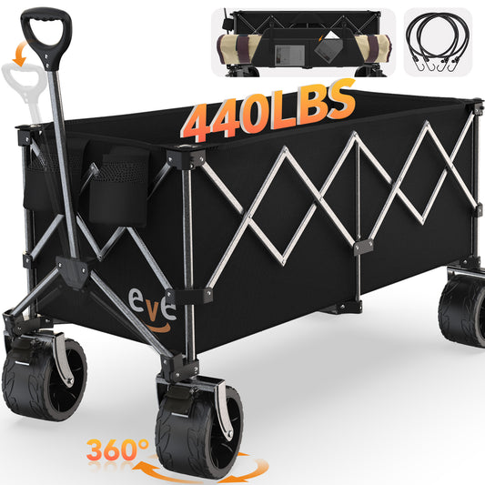 Everyfun Collapsible Foldable Wagon with 440lbs Weight Capacity, Heavy-Duty Folding Garden Cart with 360°All-Terrain Beach Wheels and Drink Holders