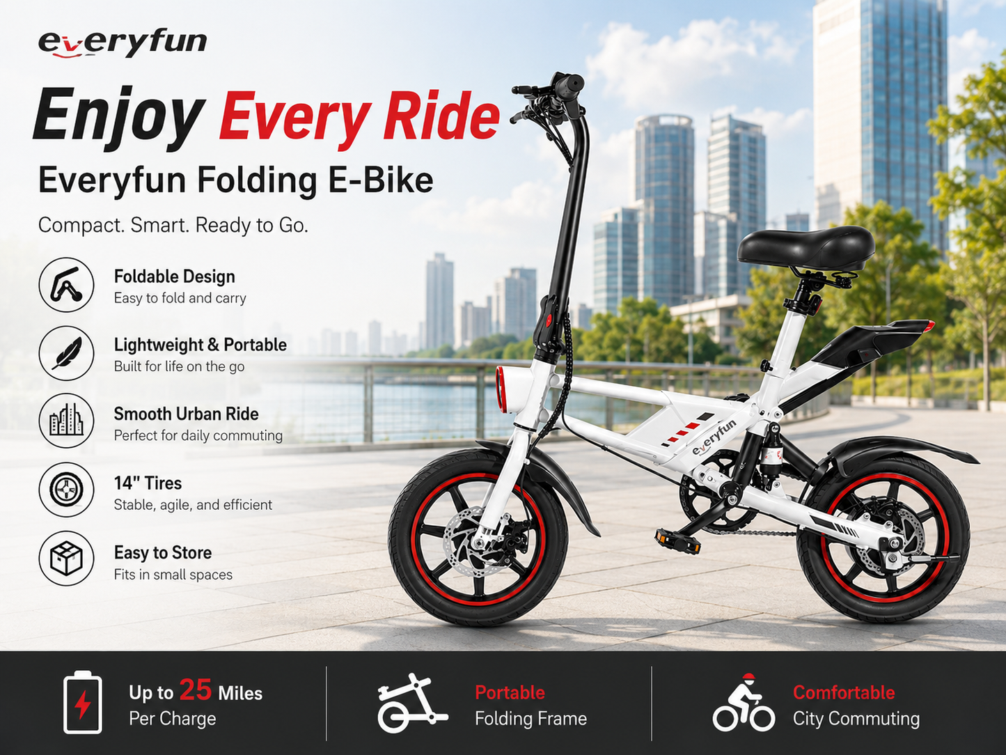 EVERYFUN Electric Bicycles, Folding E-Bike with 14 Inch Pneumatic Tires, Portable Electric Commuter Bike with Dual Disc Brakes, Compact Urban Electric Bicycle for Adults, White