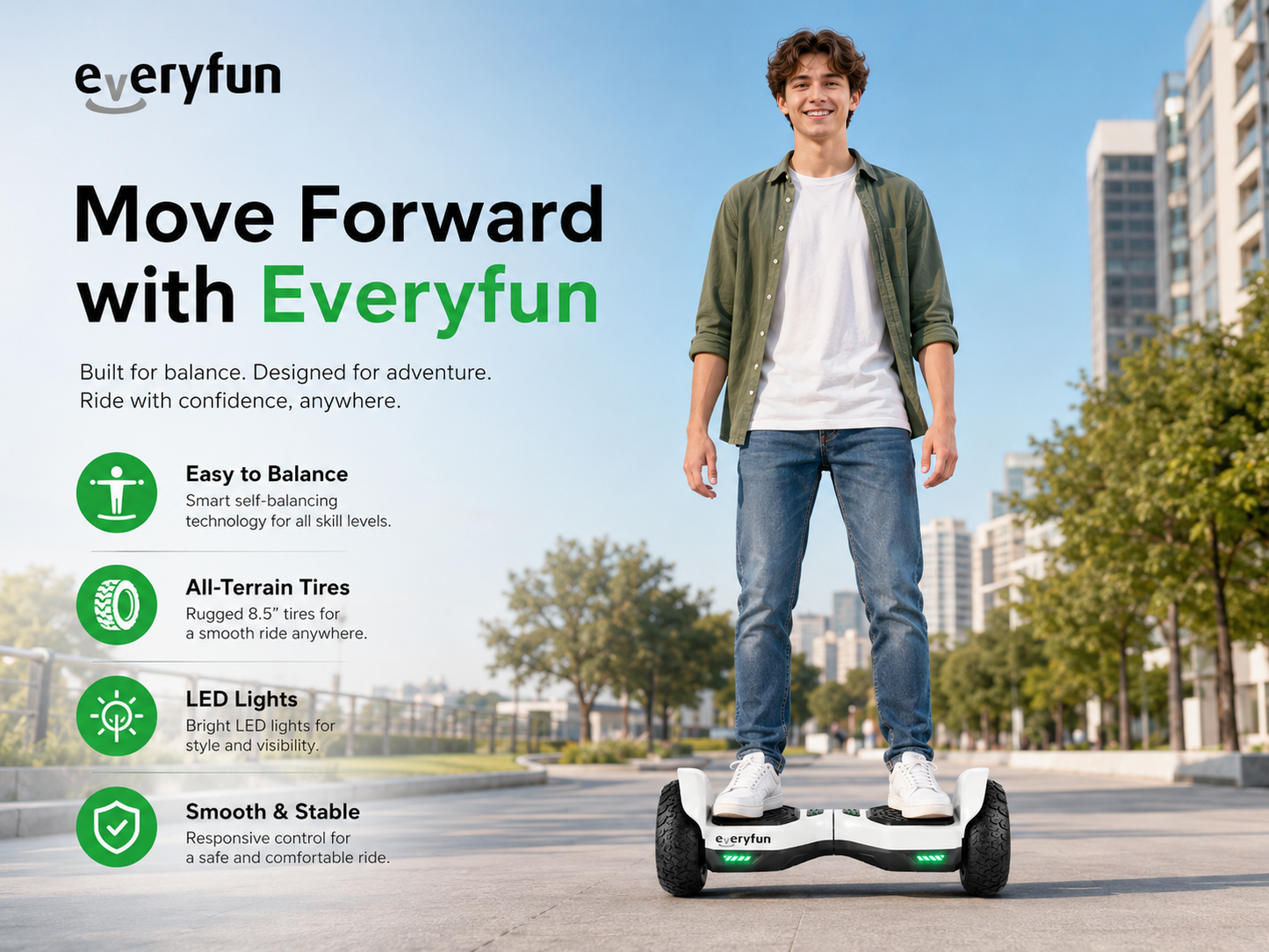 EVERYFUN Electric Vehicles, Namely, Electric Self-Balancing Scooters with 8.5 Inch All-Terrain Tires, LED Lights and Non-Slip Footpads, Two-Wheel Hoverboard for Outdoor Riding, White