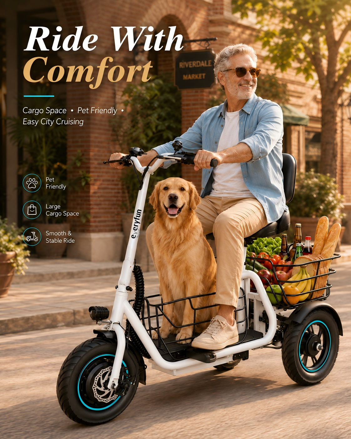 EVERYFUN Tricycles Not Being Toys, Adult Electric Cargo Tricycle with Comfortable Seat, Front and Rear Storage Baskets, Puncture-Resistant Tires and Suspension, White