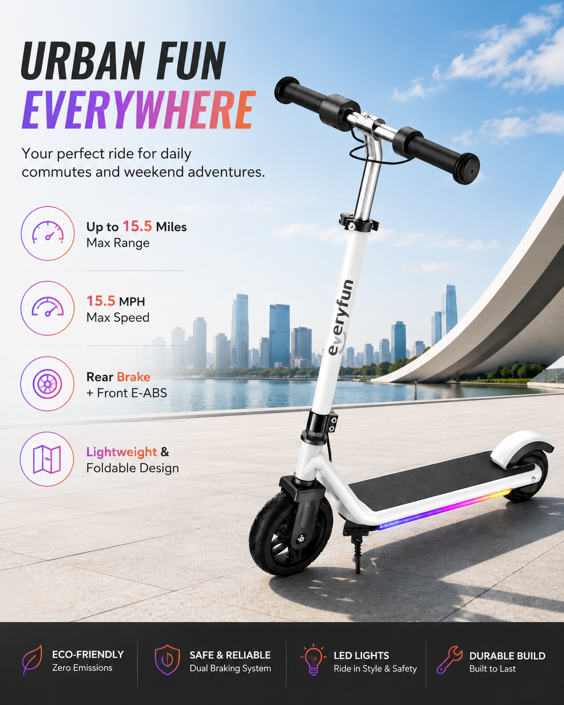 EVERYFUN Push Scooters, Foldable Electric Kick Scooter with 15.5 MPH Max Speed, Up to 15.5 Miles Range, Dual Braking System and Colorful LED Lights for Kids and Teens, White
