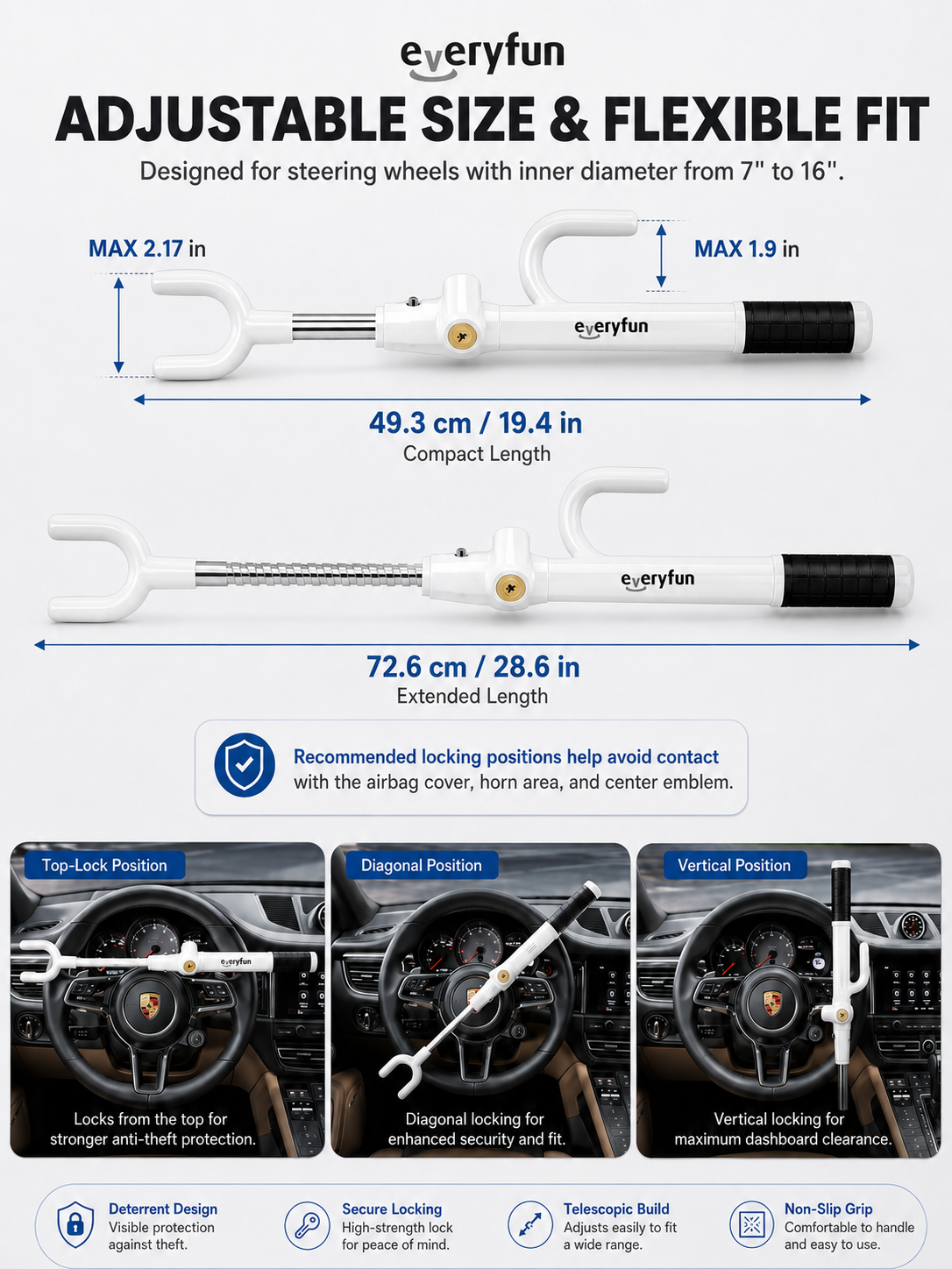 EVERYFUN Anti-Theft Devices for Motor Cars, Adjustable Telescopic Steering Wheel Lock with Key, Universal Vehicle Security Lock for Cars, SUVs, Pickups and Trucks, White