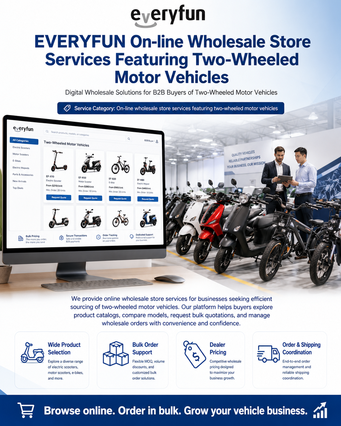 EVERYFUN On-line Wholesale Store Services Featuring Two-Wheeled Motor Vehicles – Bulk Sourcing, Dealer Pricing, Secure Ordering, Global Promotion & Customer Support Solutions
