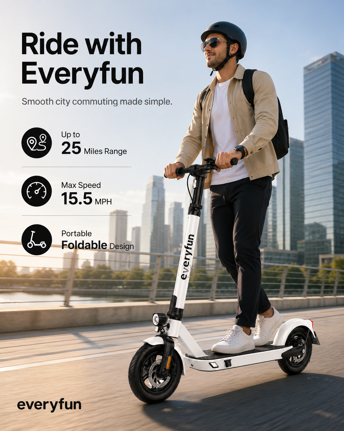 EVERYFUN Motor Scooters, Foldable Electric Scooter with 48V 13.5Ah Battery, Up to 25 Miles Range, 15.5 MPH Top Speed, LCD Display and UL2272 Certification, White