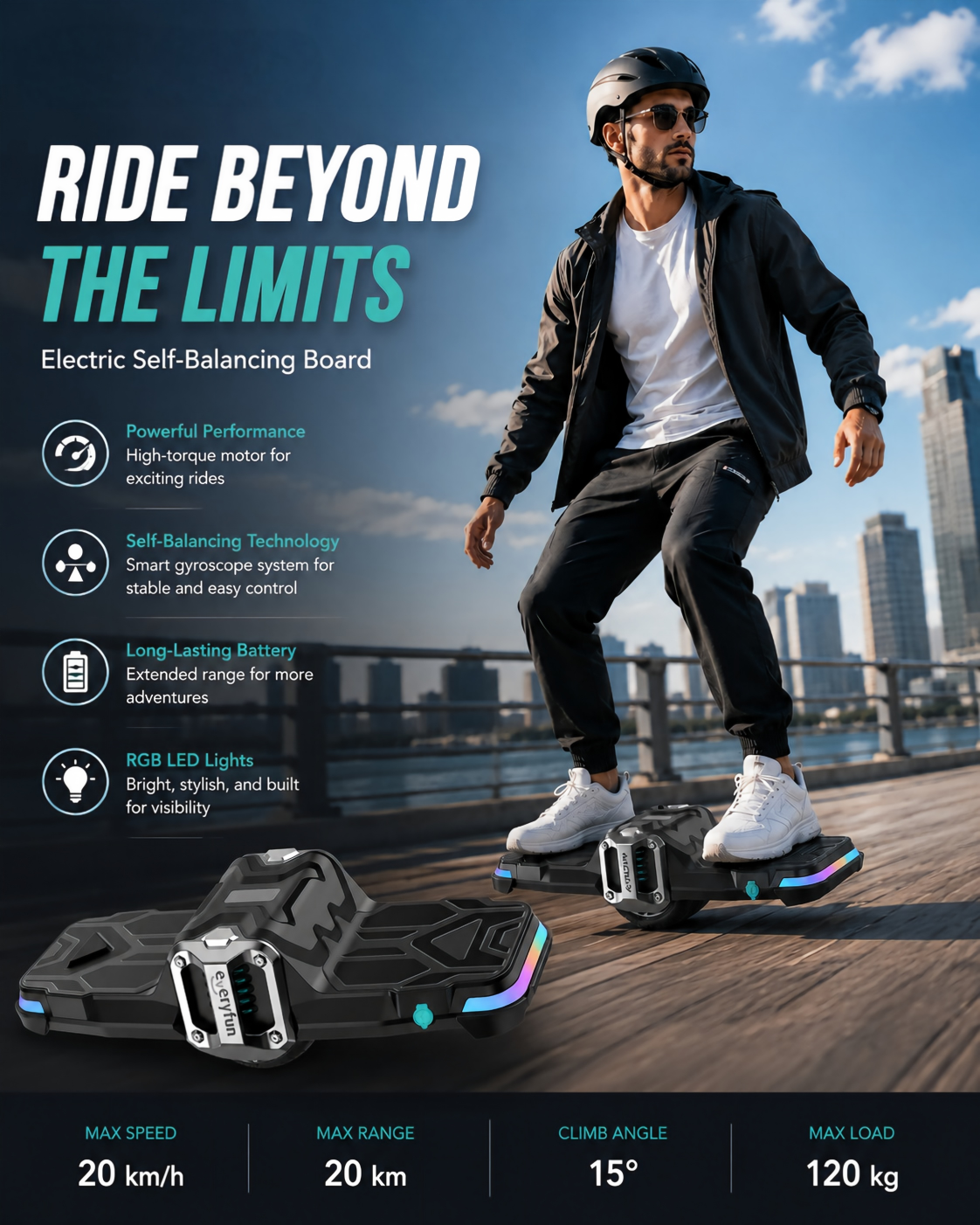 EVERYFUN Self-Balancing One-Wheeled Electric Scooters, Portable Electric Self-Balancing Board with RGB LED Lights, 20 km/h Max Speed, 20 km Range, 15° Climb Angle and 120 kg Max Load, Black