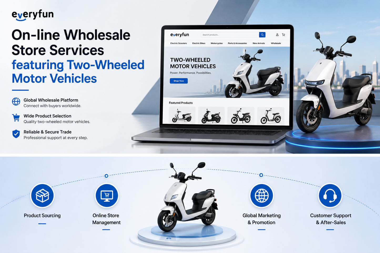 EVERYFUN On-line Wholesale Store Services Featuring Two-Wheeled Motor Vehicles – Bulk Sourcing, Dealer Pricing, Secure Ordering, Global Promotion & Customer Support Solutions