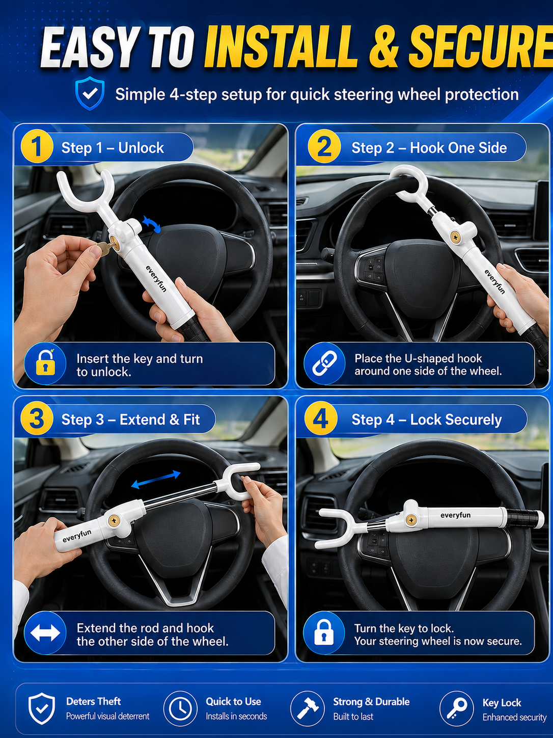 EVERYFUN Anti-Theft Devices for Motor Cars, Adjustable Telescopic Steering Wheel Lock with Key, Universal Vehicle Security Lock for Cars, SUVs, Pickups and Trucks, White