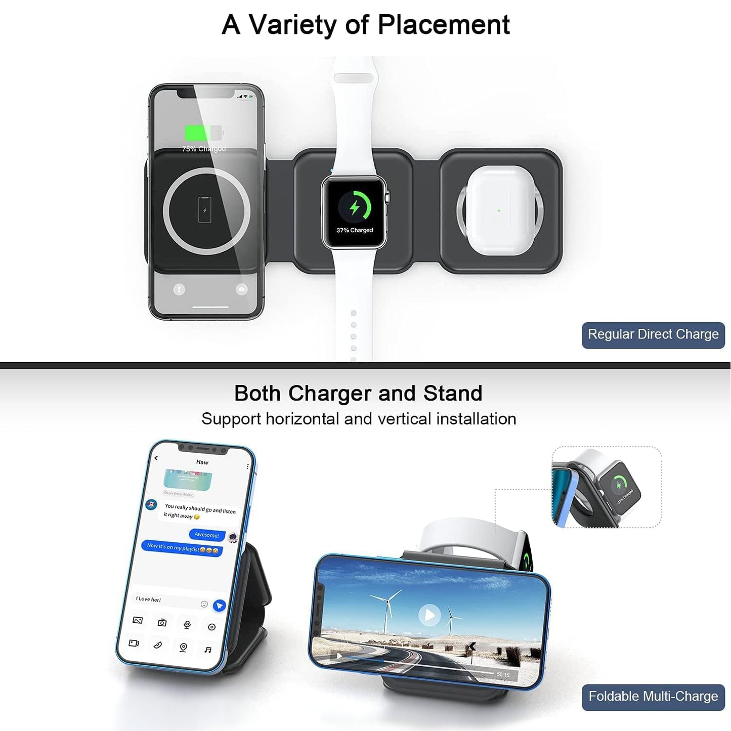 3 in 1 Wireless Charging Station for Multiple Device Apple, Magnetic Foldable Charging Station for iPhone 16/15/14/13 Series, AirPods 4/3/2/Pro, iWatch(Adapter Included)