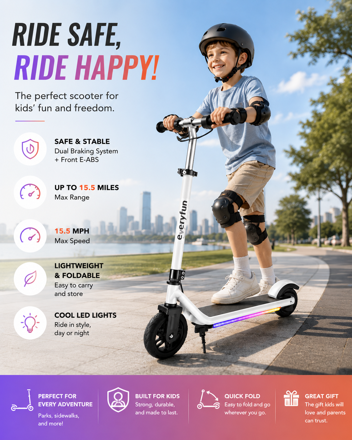 EVERYFUN Push Scooters, Foldable Electric Kick Scooter with 15.5 MPH Max Speed, Up to 15.5 Miles Range, Dual Braking System and Colorful LED Lights for Kids and Teens, White