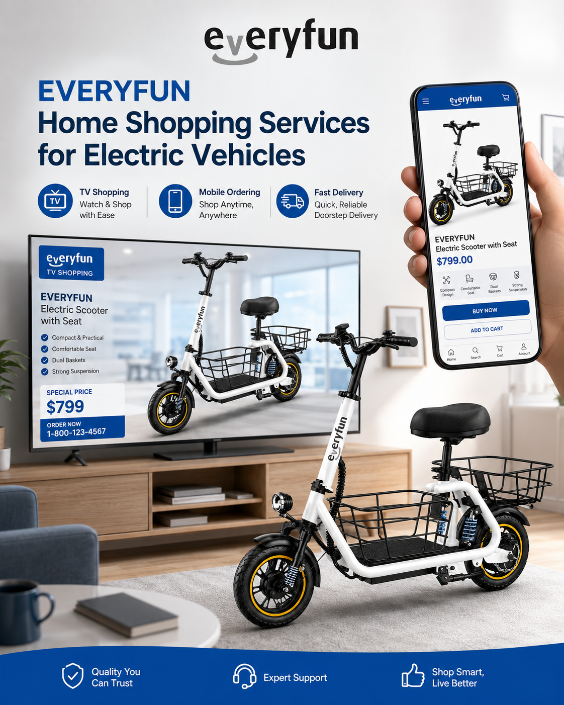 EVERYFUN Providing Home Shopping Services in the Field of Electric Vehicles by Means of Television or Mobile Telephone – Product Display, Remote Ordering, Customer Support & Home Delivery Solutions