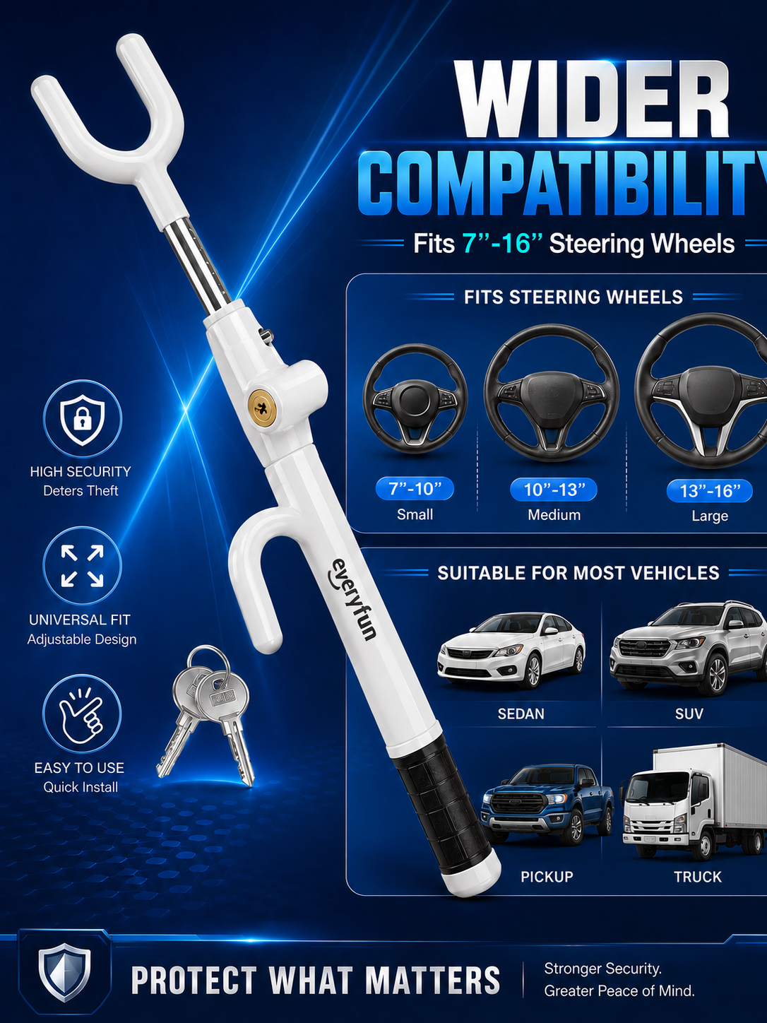 EVERYFUN Anti-Theft Devices for Motor Cars, Adjustable Telescopic Steering Wheel Lock with Key, Universal Vehicle Security Lock for Cars, SUVs, Pickups and Trucks, White
