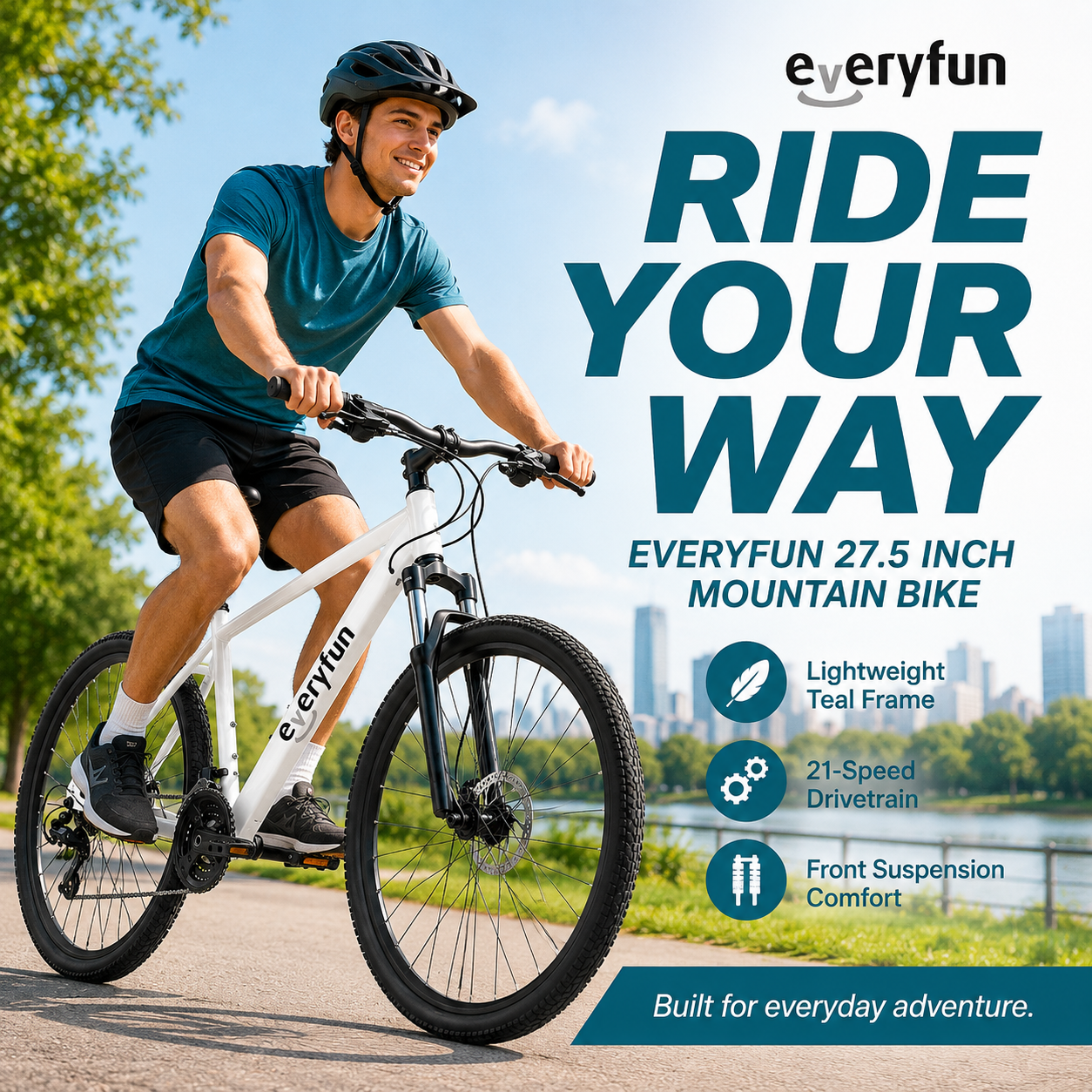 EVERYFUN Bicycles, 27.5 Inch Mountain Bike with 21-Speed Drivetrain, Front Suspension and Disc Brakes, All-Terrain Adult Bicycle for Men and Women, White
