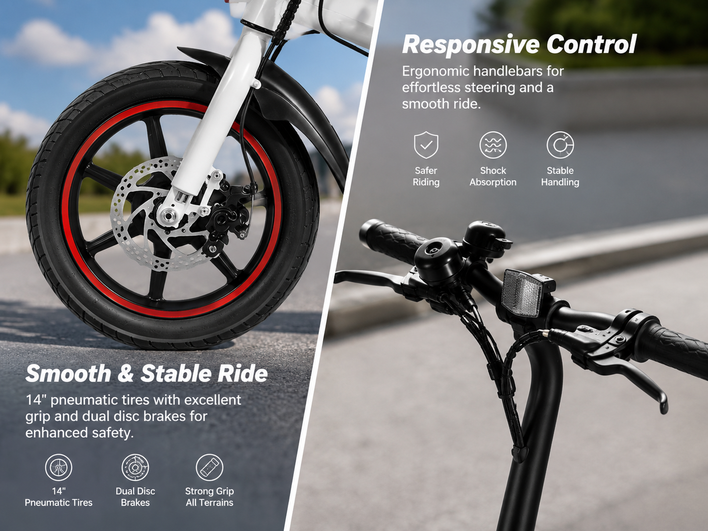 EVERYFUN Electric Bicycles, Folding E-Bike with 14 Inch Pneumatic Tires, Portable Electric Commuter Bike with Dual Disc Brakes, Compact Urban Electric Bicycle for Adults, White