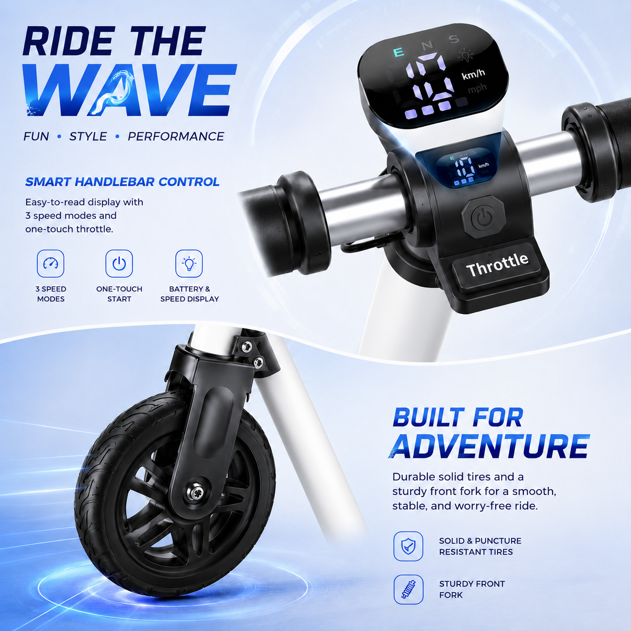 EVERYFUN Push Scooters, Foldable Electric Kick Scooter with 15.5 MPH Max Speed, Up to 15.5 Miles Range, Dual Braking System and Colorful LED Lights for Kids and Teens, White