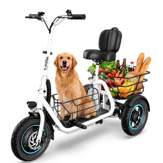 EVERYFUN Tricycles Not Being Toys, Adult Electric Cargo Tricycle with Comfortable Seat, Front and Rear Storage Baskets, Puncture-Resistant Tires and Suspension, White