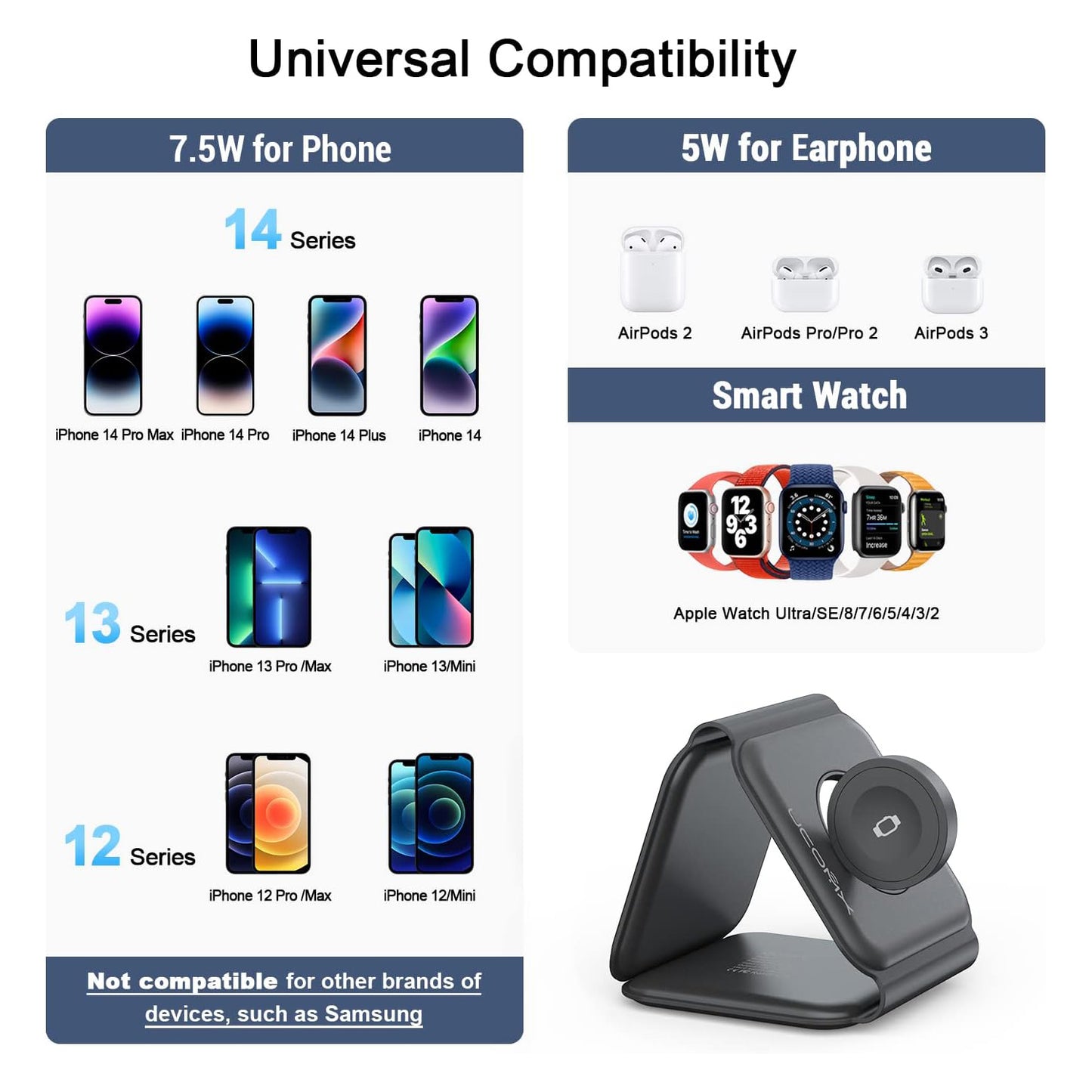 3 in 1 Wireless Charging Station for Multiple Device Apple, Magnetic Foldable Charging Station for iPhone 16/15/14/13 Series, AirPods 4/3/2/Pro, iWatch(Adapter Included)