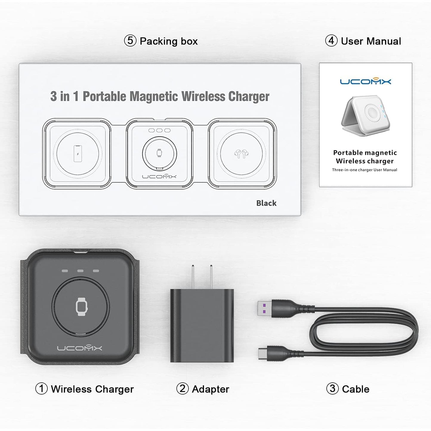 3 in 1 Wireless Charging Station for Multiple Device Apple, Magnetic Foldable Charging Station for iPhone 16/15/14/13 Series, AirPods 4/3/2/Pro, iWatch(Adapter Included)