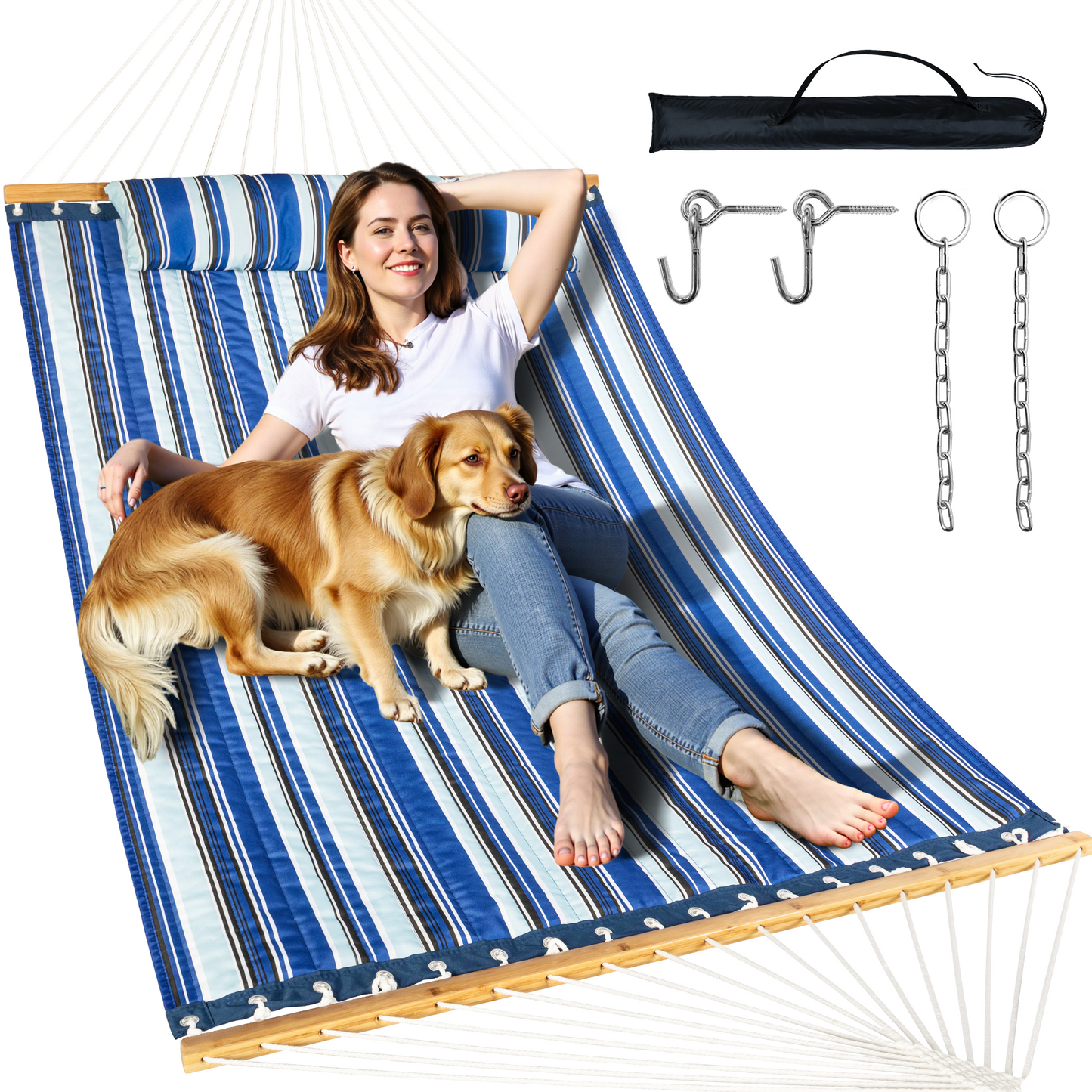 Double Hammock with Spreader Bar,Soft Pillow,Max Load 500lbs,Portable Hammock for Outdoor,Camping,and Backyard,Aqua Blue