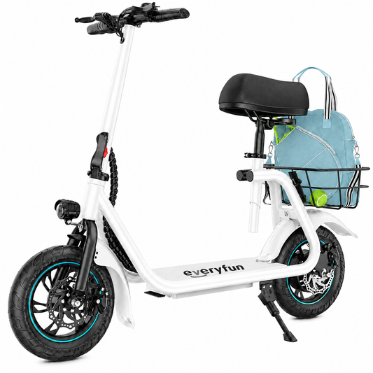 EVERYFUN Electrically-Powered Motor Scooters, 450W Seated Electric Scooter with 280Wh Battery, 16 MPH Top Speed, LED Display, Rear Basket and UL2272 Certification, White