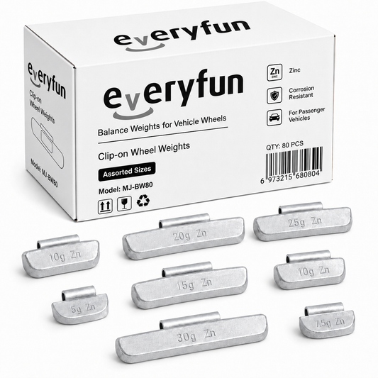 EVERYFUN Balance Weights for Vehicle Wheels, 80-Piece Zinc Clip-On Wheel Weight Assortment, Corrosion-Resistant Tire Balancing Weights for Passenger Cars, SUVs, Vans and Light Trucks