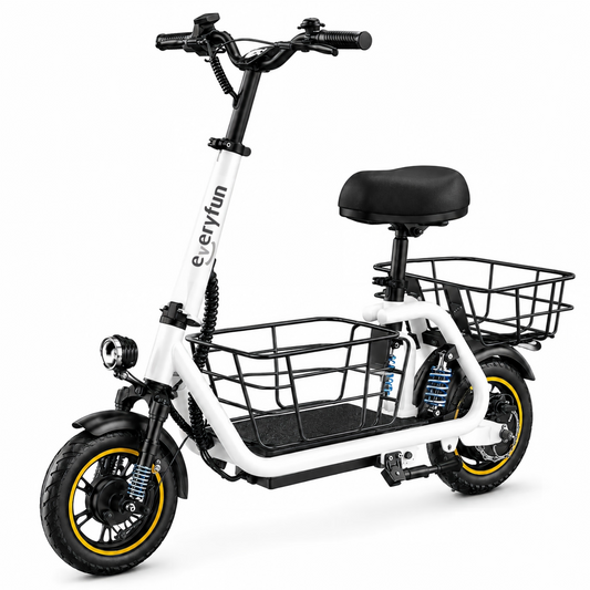 EVERYFUN Mobility Scooters, 500W Electric Scooter with Seat, 12 Inch Tires, 25-Mile Range, Front and Rear Baskets, Suspension and LED Headlight, White