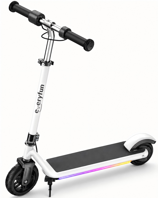 EVERYFUN Push Scooters, Foldable Electric Kick Scooter with 15.5 MPH Max Speed, Up to 15.5 Miles Range, Dual Braking System and Colorful LED Lights for Kids and Teens, White